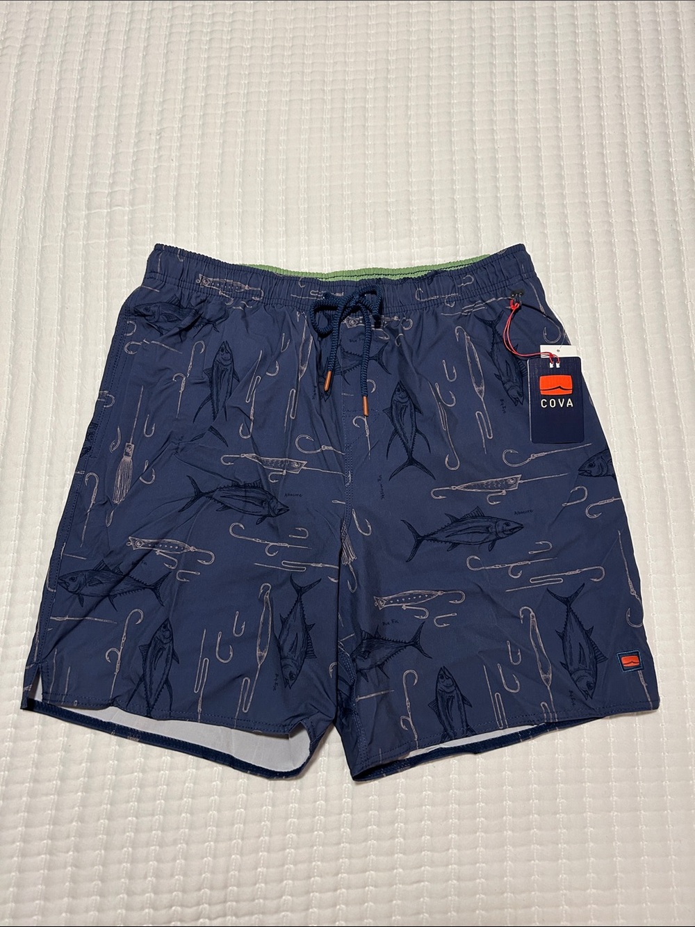 New with tags COVĀ Men's Navy Fishing-Print Swim Trunks XL